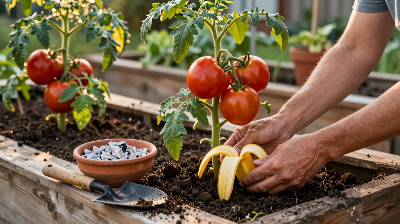 Pessoa a usar casca de banana como adubo em planta de tomateiro num jardim elevado de madeira.