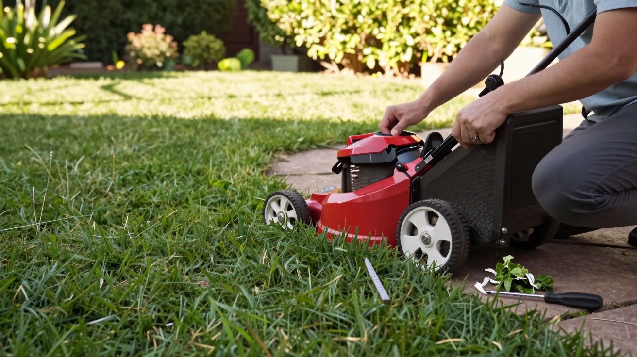 Pessoa ajusta cortador de relva vermelho em relvado verde num jardim ensolarado.