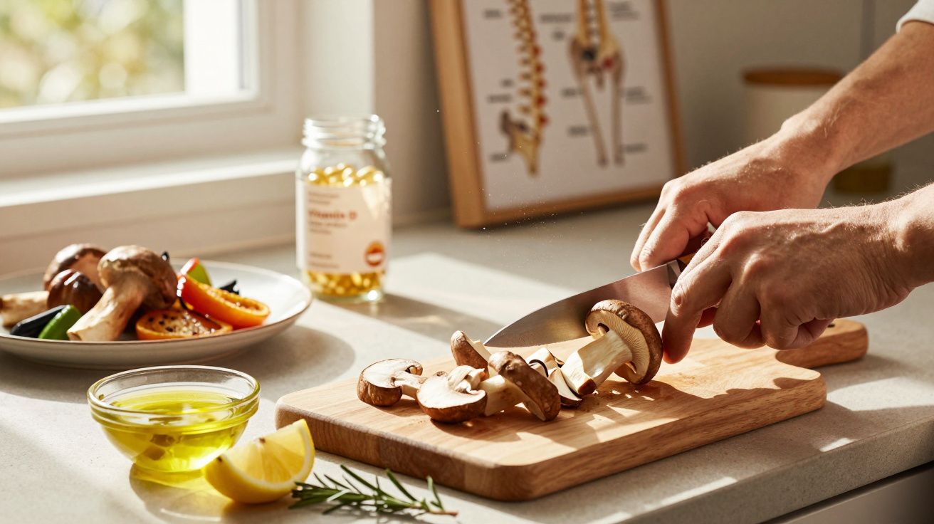 Mãos a cortar cogumelos numa tábua de madeira com azeite, limão e legumes numa cozinha iluminada.