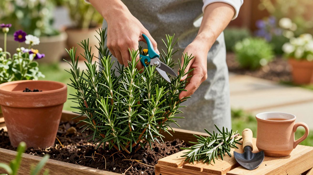 Pessoa a podar alecrim com tesoura de jardinagem num canteiro, com vaso, colher de jardinagem e chá ao lado.