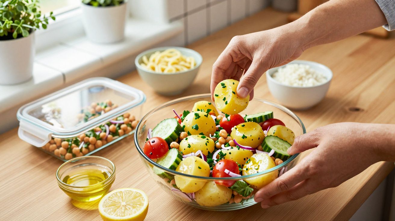 Pessoa a preparar salada com batatas, tomate, pepino e grão-de-bico numa tigela de vidro na cozinha.
