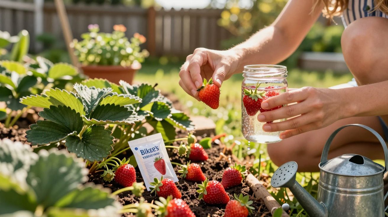 Pessoa colhe morangos maduros numa horta caseira ao ar livre com regador metálico ao lado.