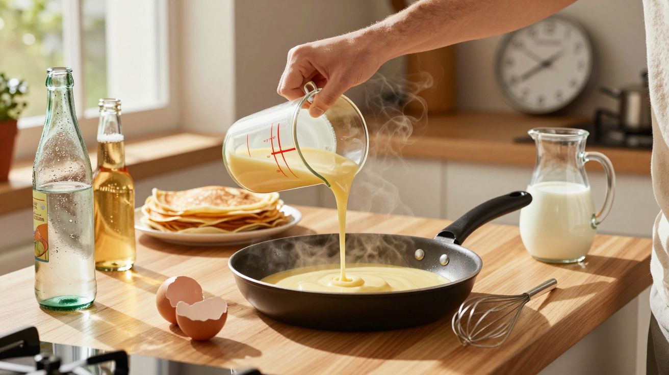 Braço a verter massa para crepes numa frigideira quente, com ingredientes na bancada da cozinha.