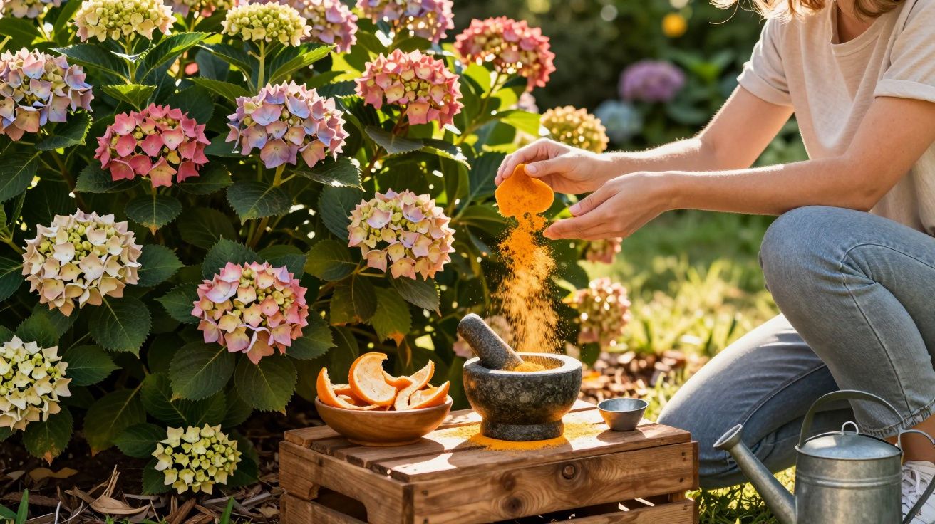 Pessoa a preparar fertilizante natural com casca de laranja perto de flores coloridas num jardim.