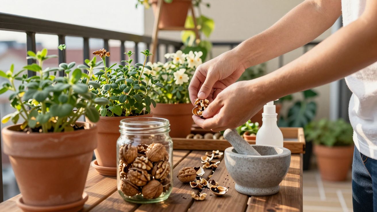 Mãos a partir nozes sobre uma mesa de madeira com jarro de nozes, almofariz e plantas em vasos.
