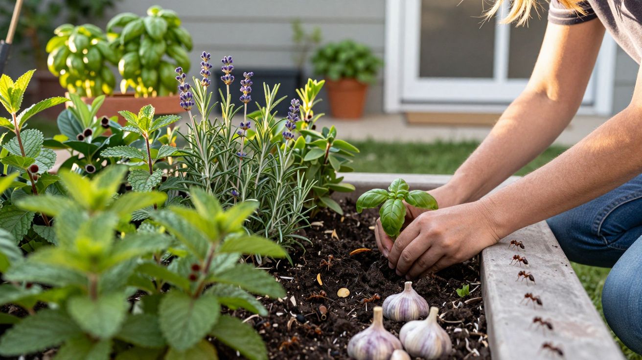 Pessoa a plantar manjericão numa horta com várias ervas aromáticas em vaso e solo.