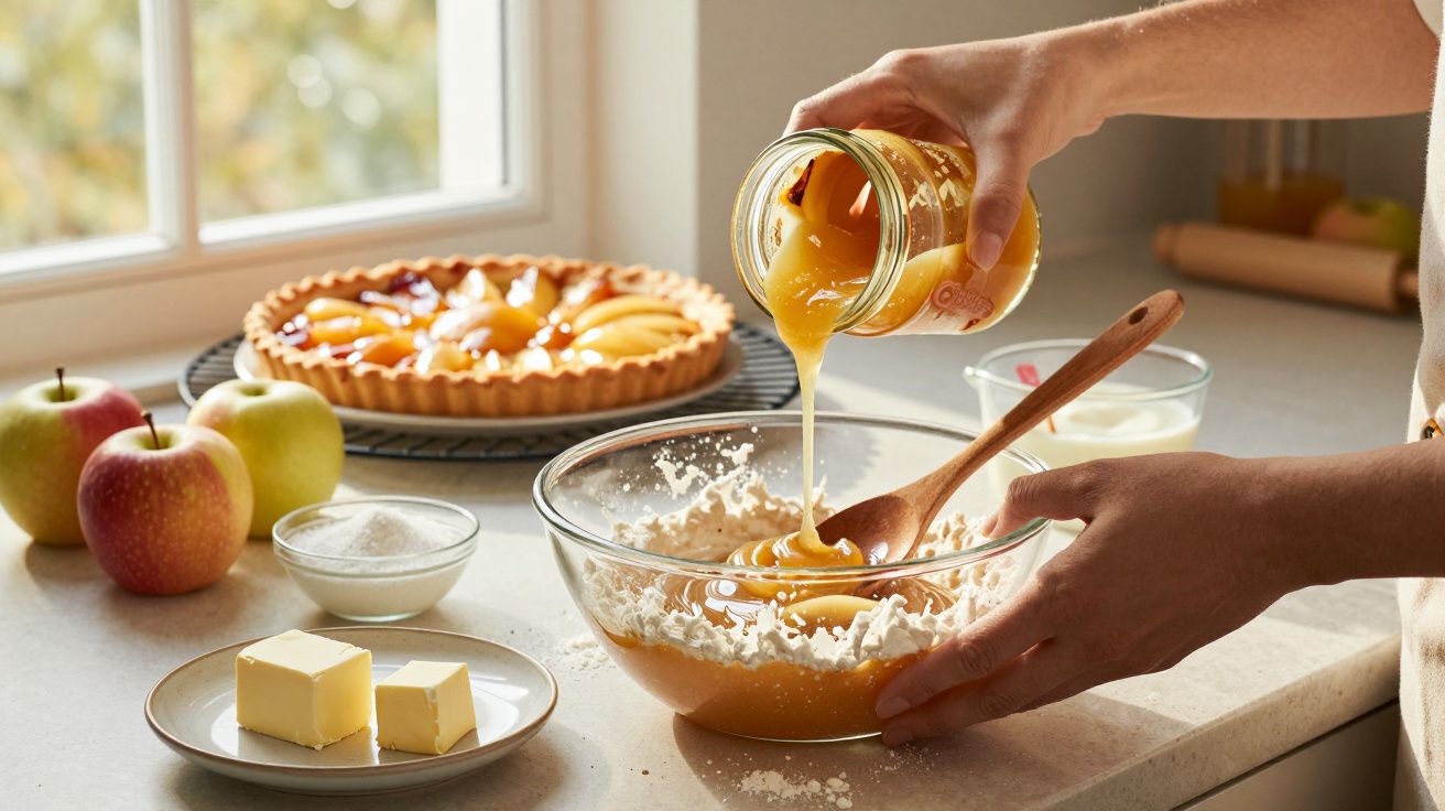 Pessoa a verter puré de maçã para uma tigela com ingredientes para tartes, com maçãs, manteiga e açúcar à vista.
