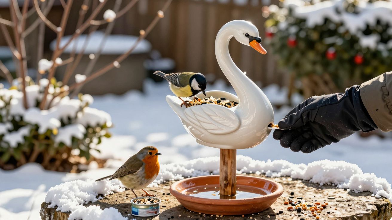 Pássaros a alimentarem-se numa comedouro de cerâmica em forma de cisne, rodeado de neve.