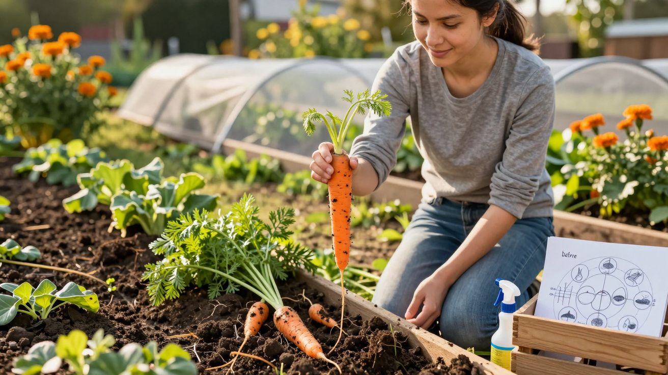 Mulher a colher cenoura num jardim com plantas e flores em canteiro elevatório.