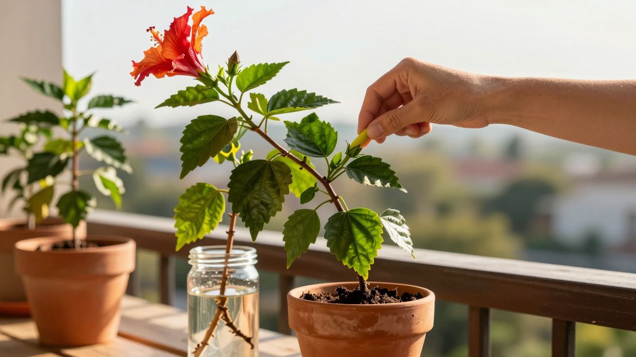 Mão a cuidar de planta com flor vermelha em vaso de barro num espaço exterior iluminado pelo sol.