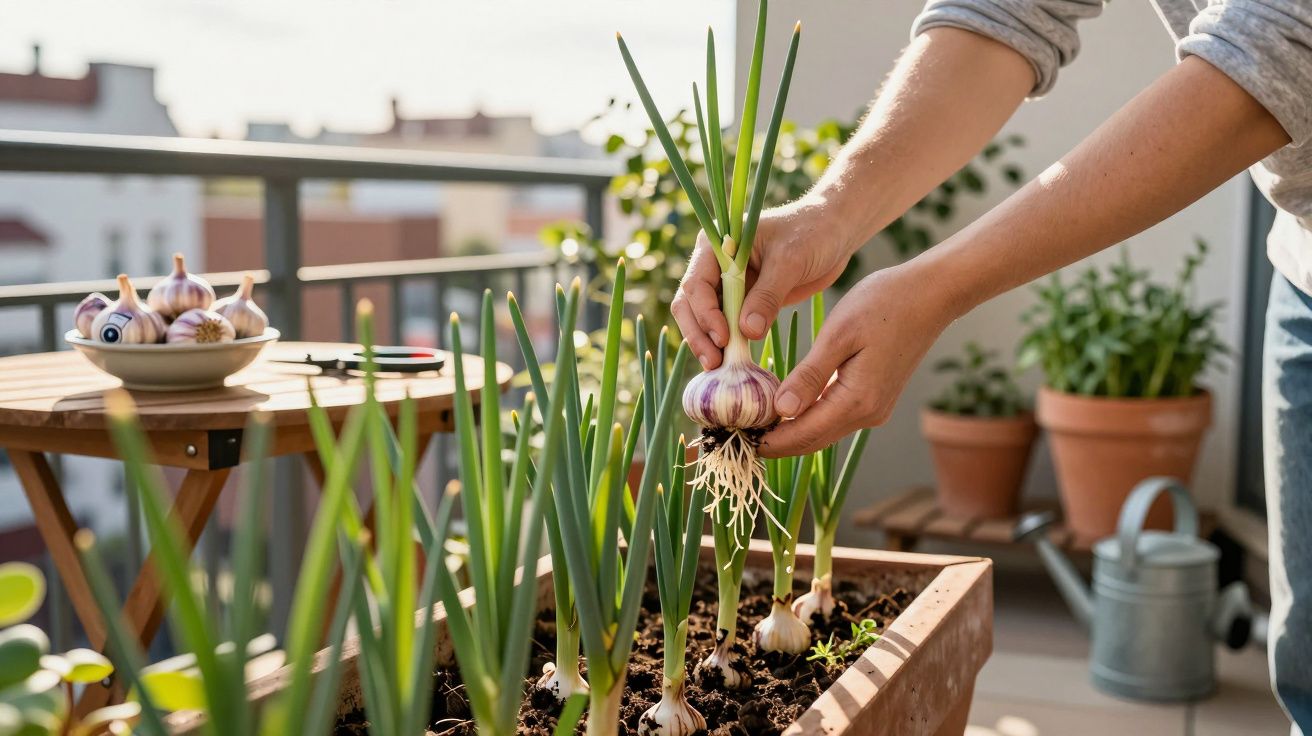 Mãos a colher alho fresco numa floreira numa varanda com outros vasos e mesa ao fundo.