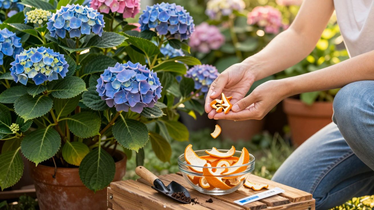 Pessoa a preparar cascas de citrinos num vaso ao lado de flores hortênsia azuis e rosas num jardim.