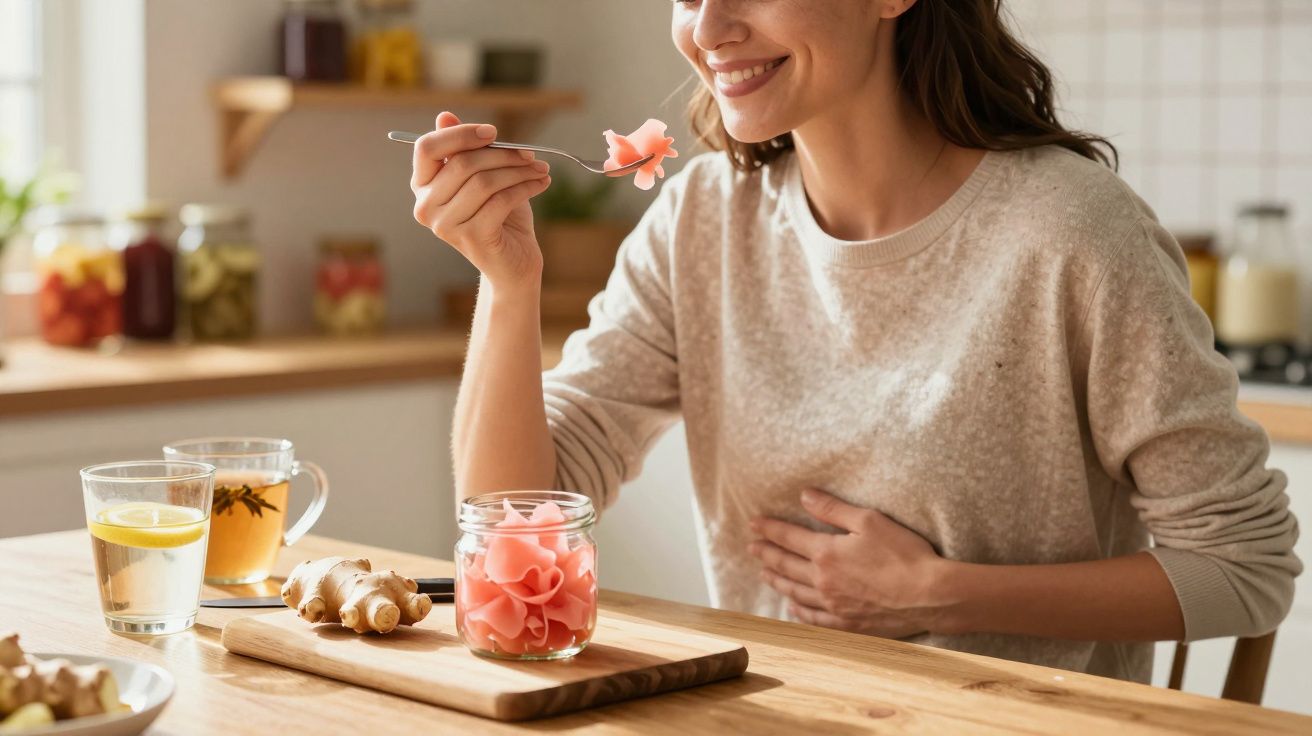 Mulher sorridente a comer pedaços de gengibre em picles na cozinha, com chá e limão na mesa.