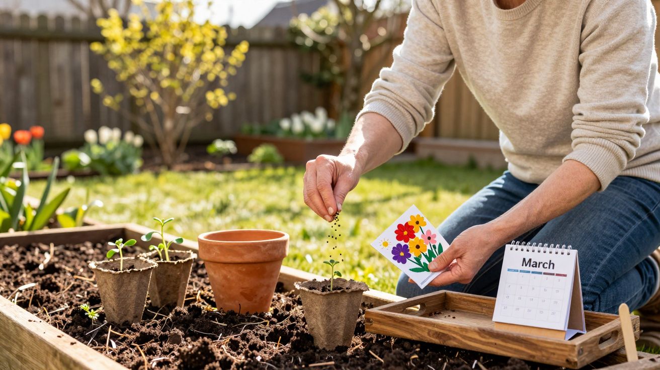 Pessoa sem identificação a semear pequenas plantas em vaso biodegradável num jardim em março.