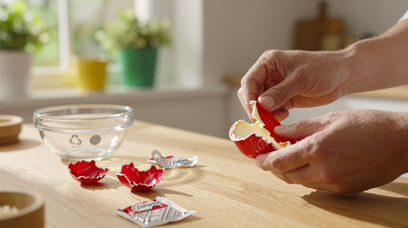 Mãos a abrir um Ovo Kinder gigante vermelho sobre uma mesa de madeira com embalagens e taça de vidro ao fundo.