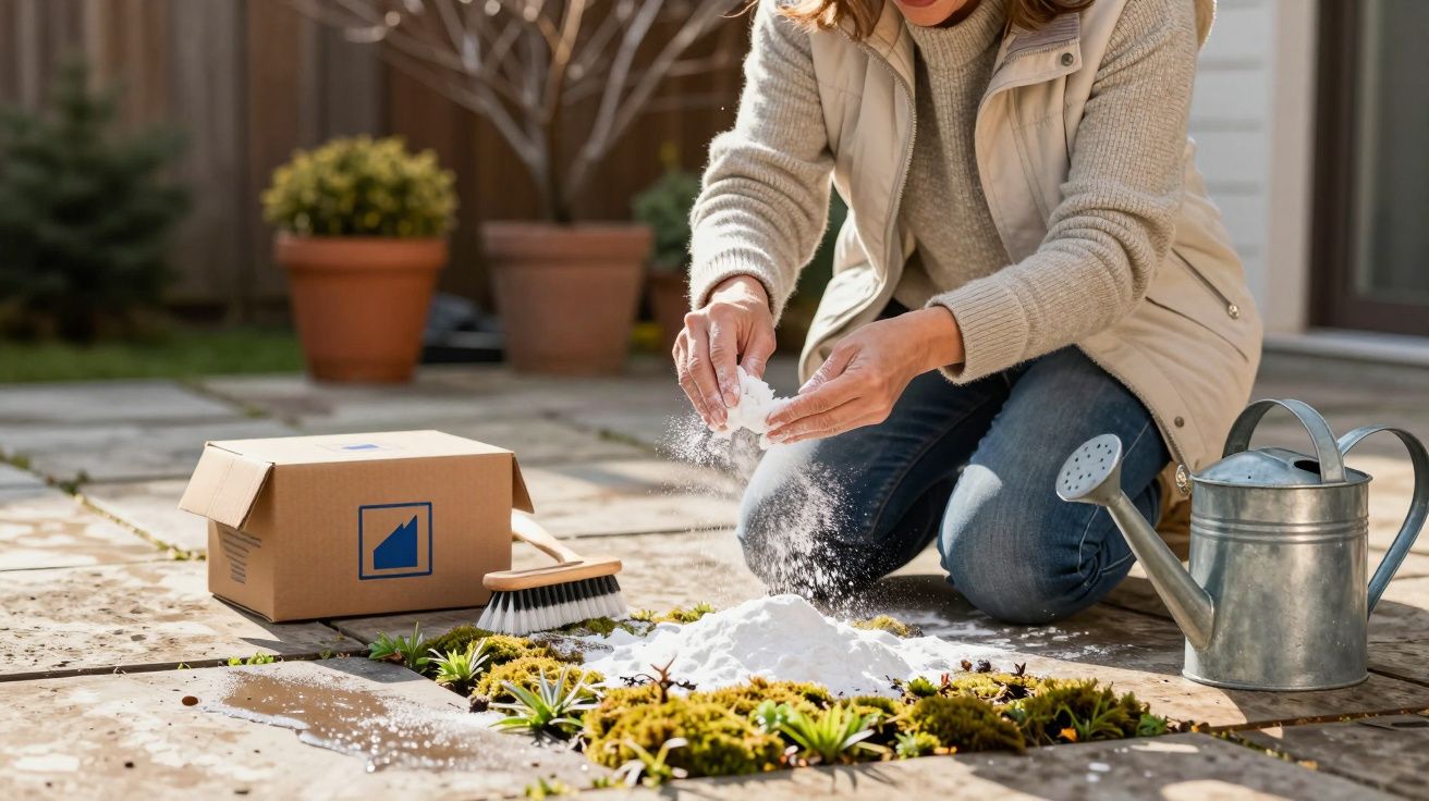 Pessoa a aplicar pó branqueador em musgo entre pedras de um pavimento ao ar livre.