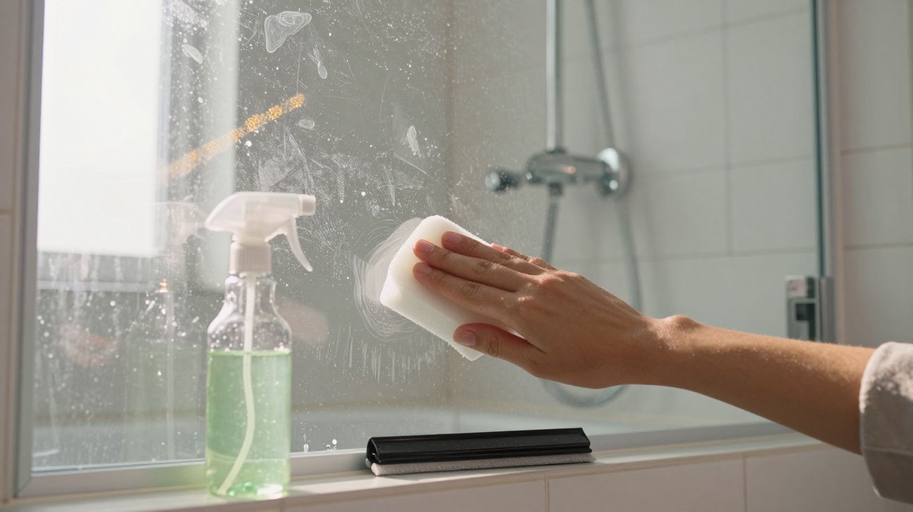 Mão a limpar uma janela de casa de banho com uma esponja branca e um pulverizador de limpeza verde.