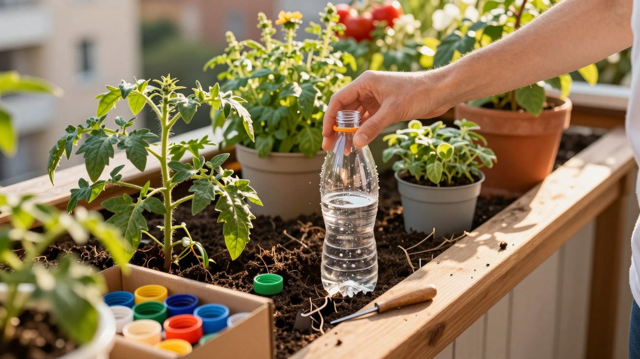 Pessoa a regar plantas num mini jardim urbano com garrafa de plástico reutilizada.