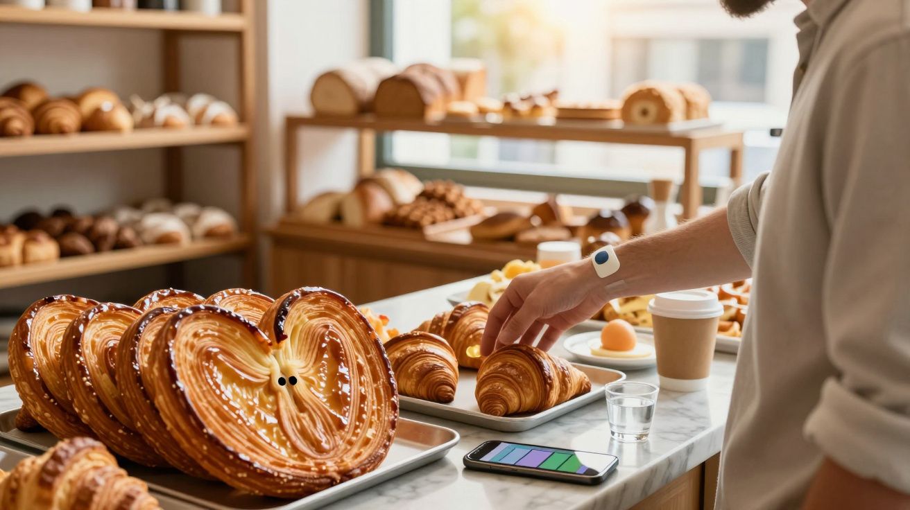Pessoa a escolher croissant numa pastelaria com várias fornadas de pão e pastelaria fresca numa bancada.