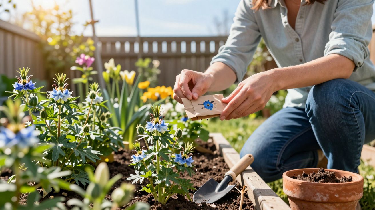 Pessoa a plantar sementes no jardim com flores coloridas ao fundo em dia solarengo.