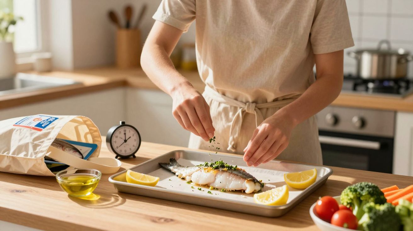Pessoa a temperar peixe no tabuleiro com limão e ervas na cozinha moderna com legumes e azeite.
