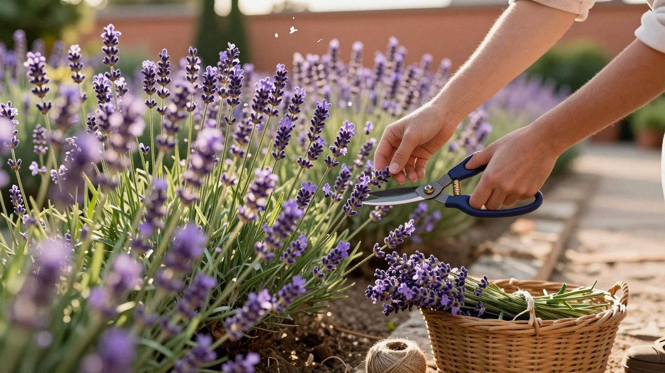 Mãos cortam flores de lavanda num jardim, com cesta cheia de ramos ao lado.