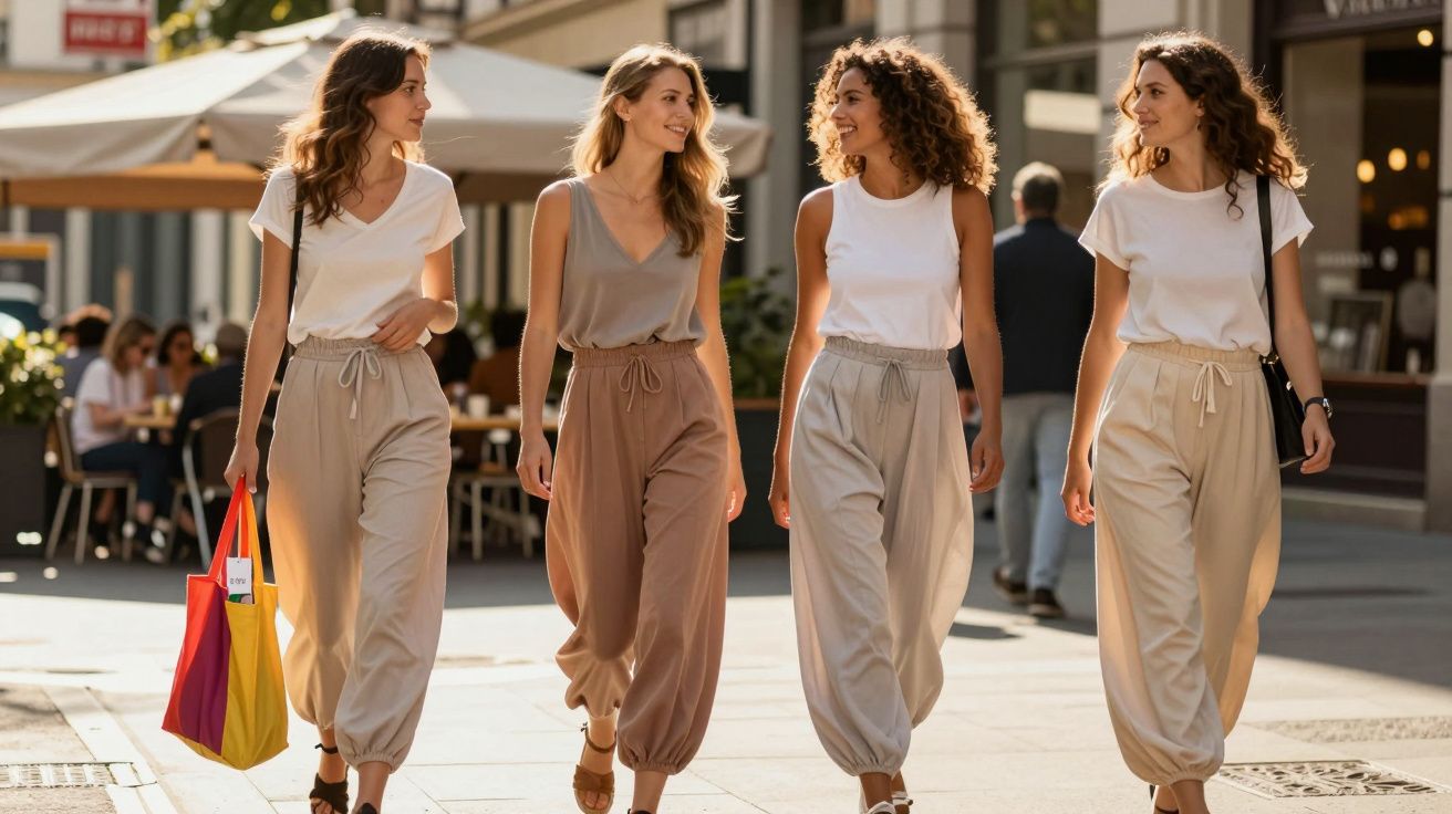 Quatro mulheres a caminhar e conversar numa rua movimentada, com roupas casuais e sacos de compras.