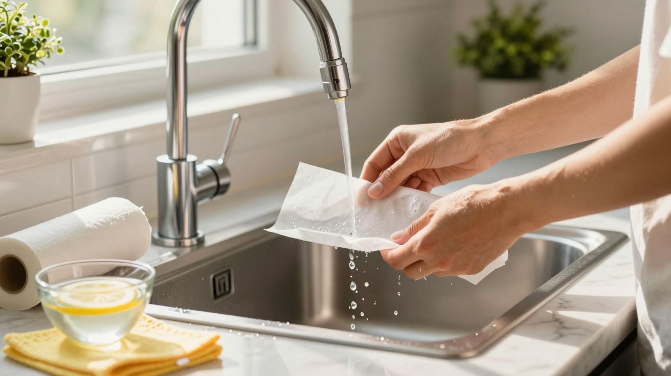 Pessoa a lavar um pano de cozinha branco numa bancada com torneira e cuba de inox.