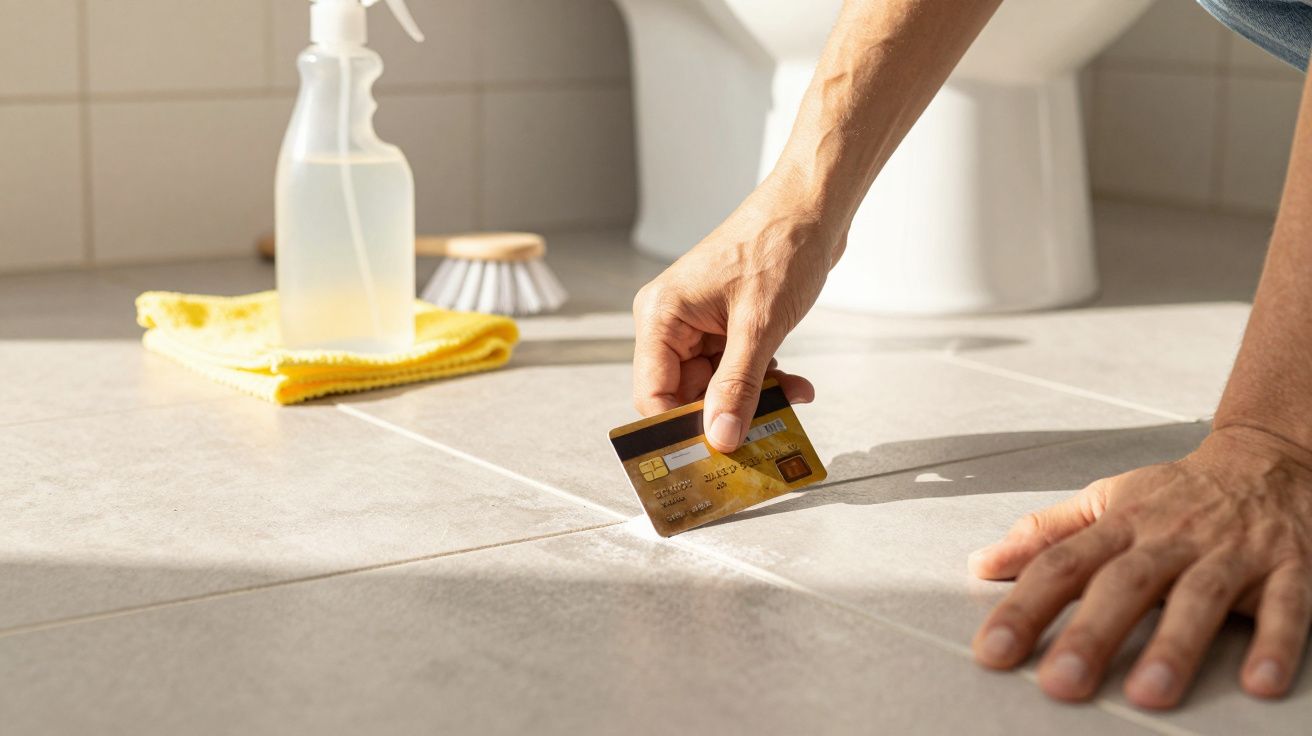 Pessoa a limpar juntas de azulejos do chão com cartão de crédito num banheiro, próximo de produtos de limpeza.
