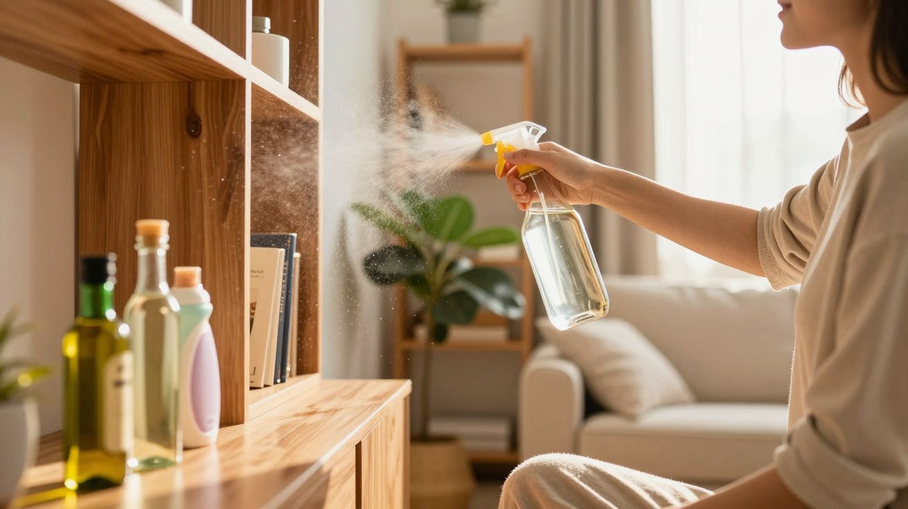 Pessoa a limpar prateleira de madeira com spray num ambiente confortável e iluminado por luz natural.
