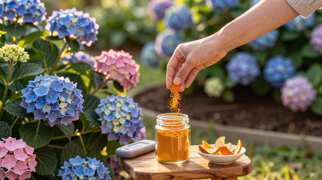 Mão a deitar açafrão em pó para um frasco, com flores de hortênsia azuis e rosas ao fundo.