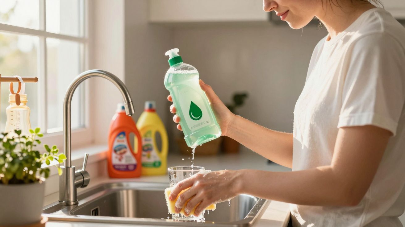 Mulher a espremer detergente numa esponja junto à pia da cozinha, com garrafas de produtos de limpeza ao fundo.