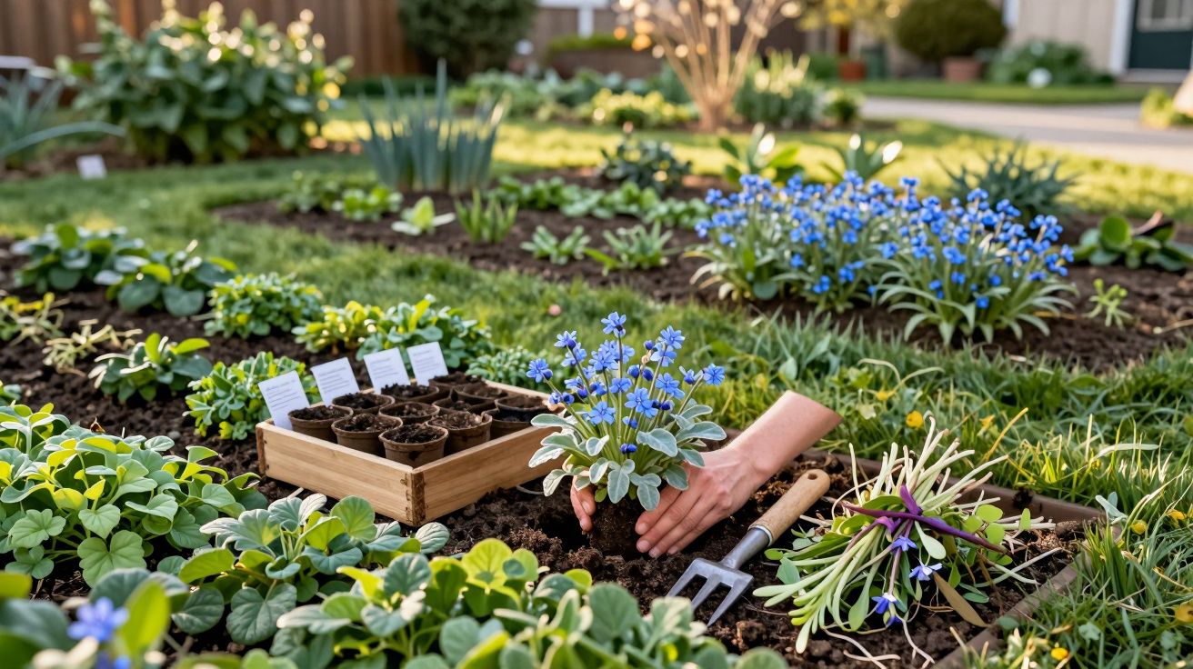Mão a plantar flor azul num jardim, com vários vasos pequenos e plantas verdes à volta.