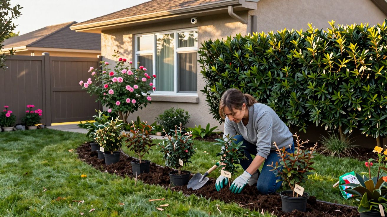 Mulher a plantar arbustos num canteiro de jardim em casa com luvas e pá num dia ensolarado.