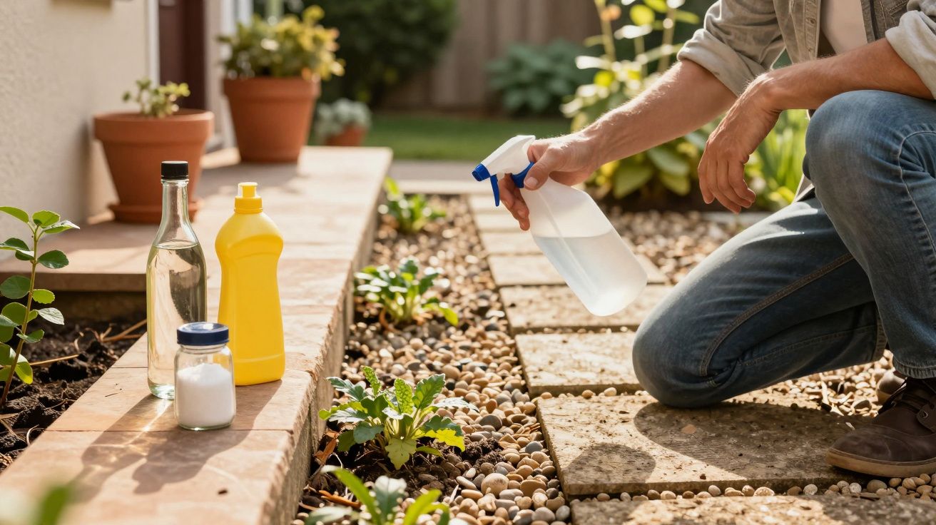 Pessoa agachada a pulverizar plantas num jardim com produtos caseiros numa bancada próxima.