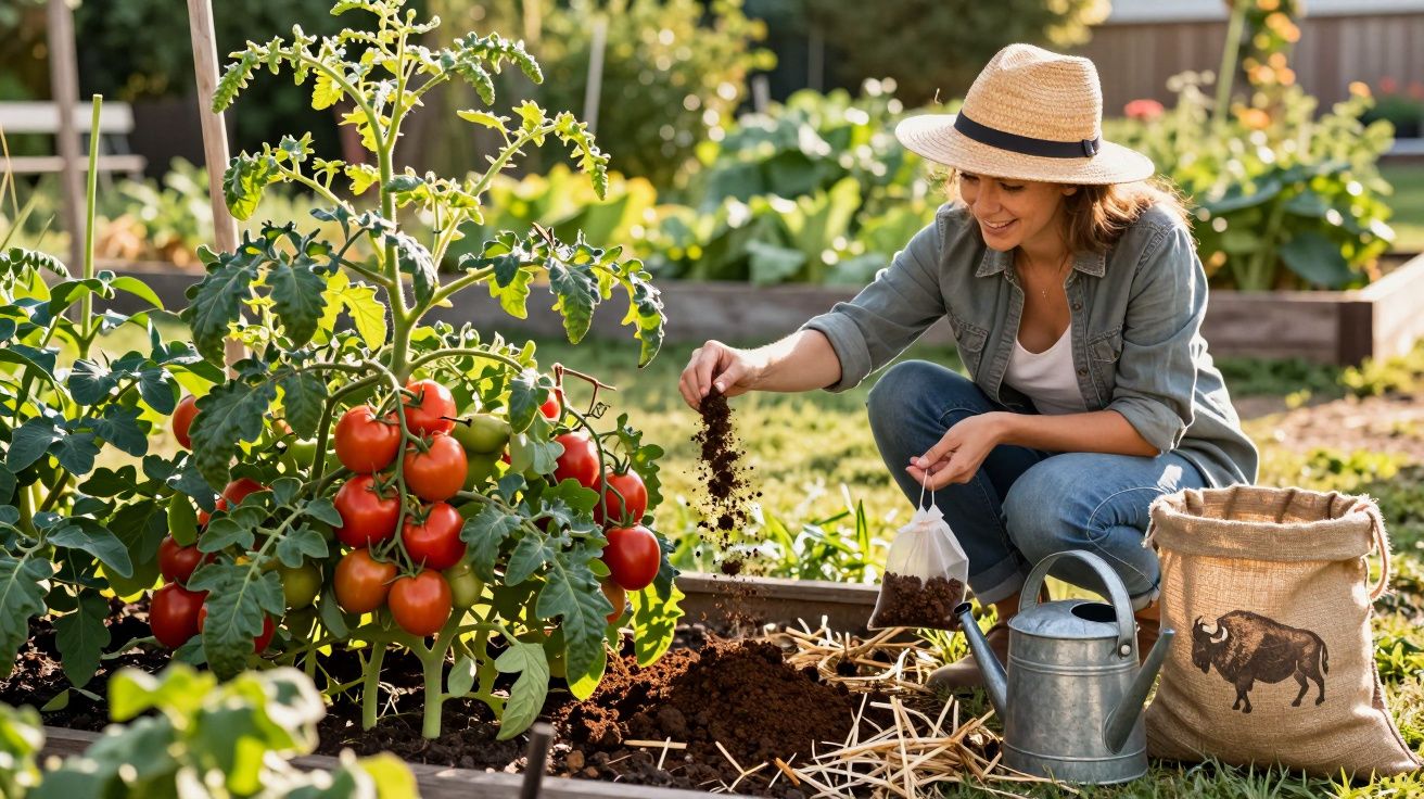 Mulher com chapéu a cuidar de tomateiras num jardim, aplica adubo ao solo junto a uma regadora.