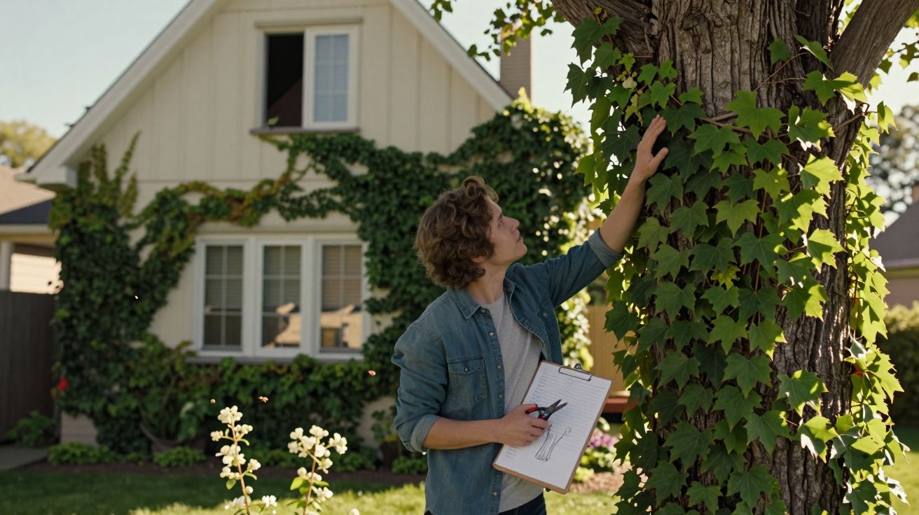 Pessoa com prancheta observa trepadeira verde que cresce numa árvore em frente a uma casa branca.