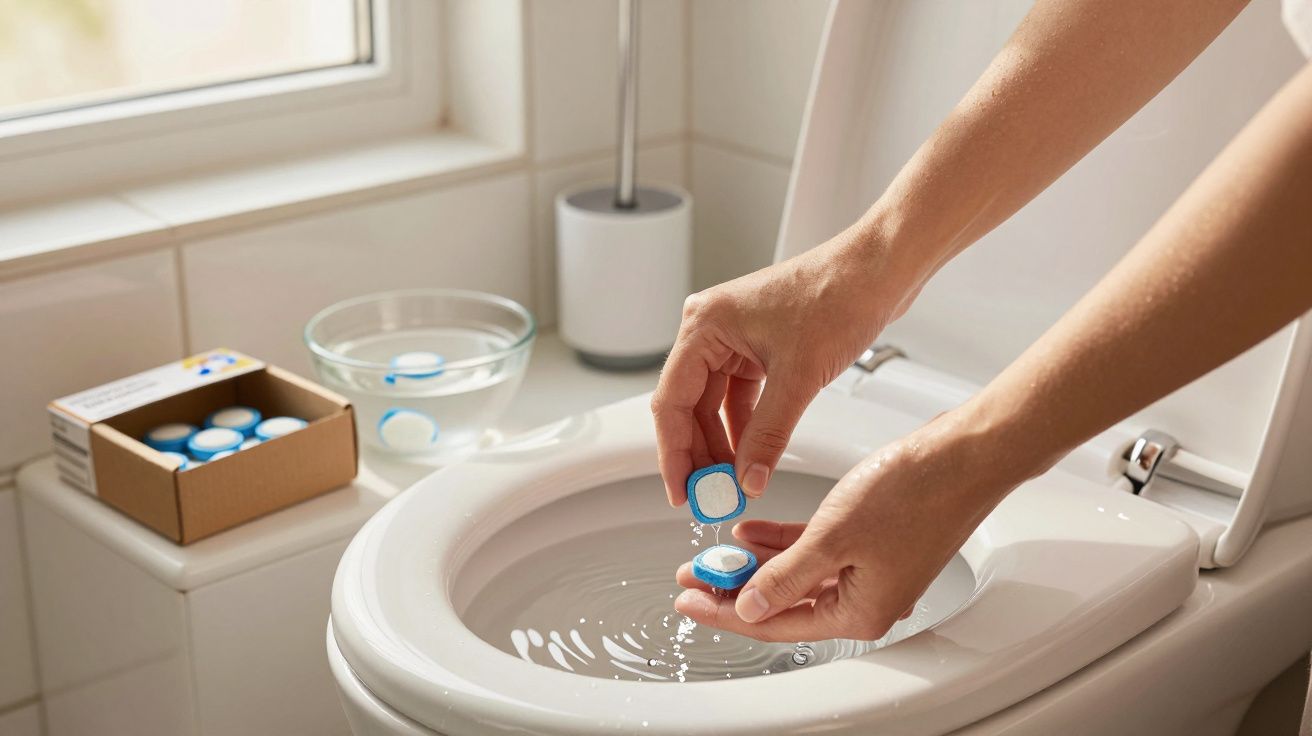 Mãos a abrir pastilha efervescente azul para limpeza da sanita numa casa de banho luminosa.