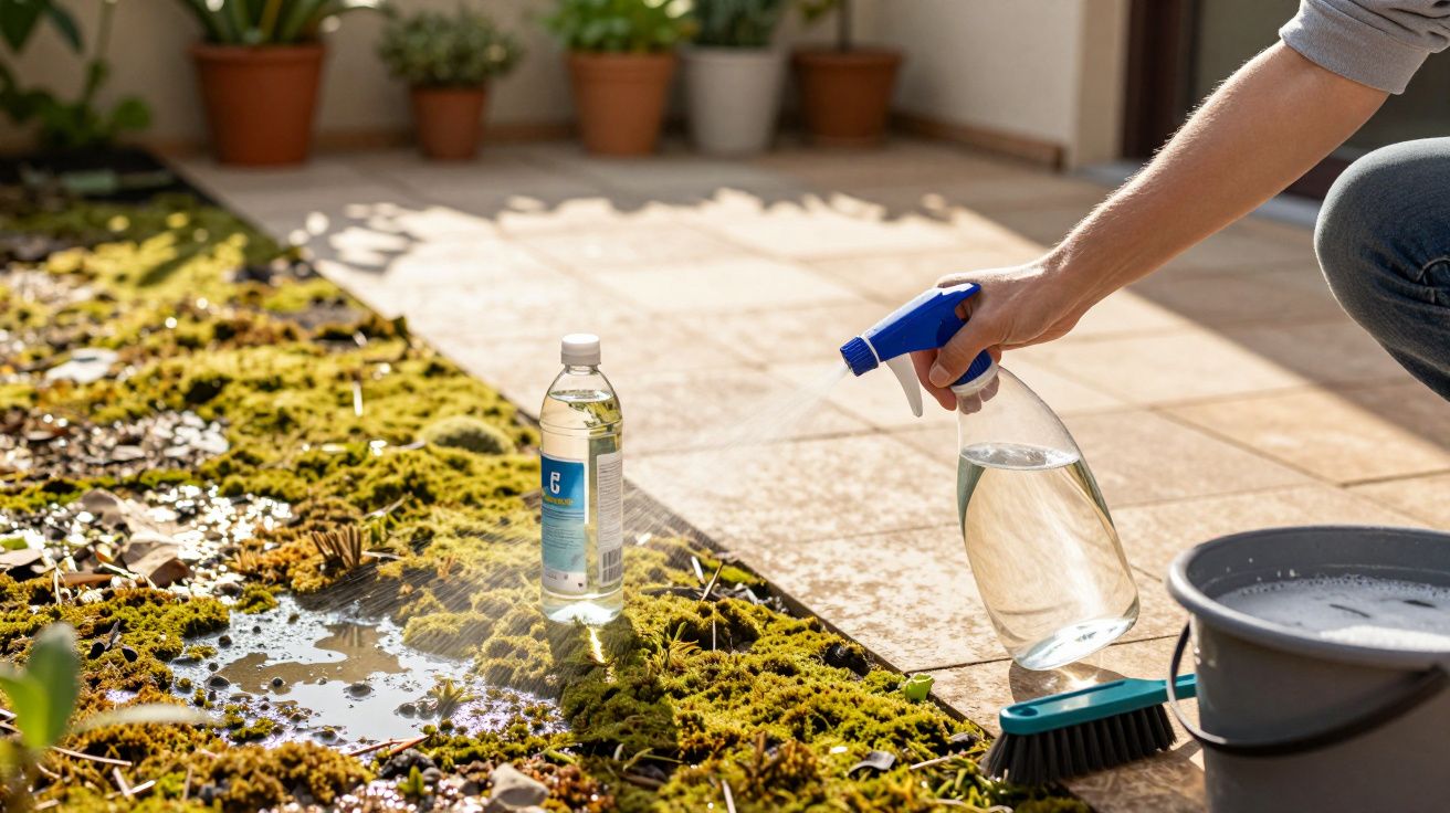 Pessoa borrifando água em musgo junto a garrafa de líquido, escova e balde num espaço exterior.