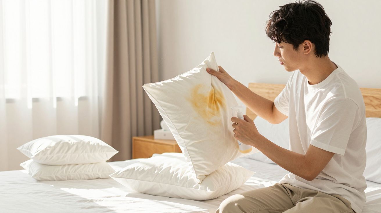 Homem a aplicar spray para limpar nódoa amarela numa almofada branca numa cama.
