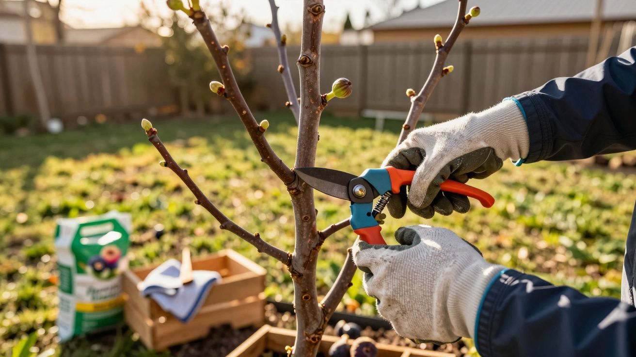 Pessoa com luvas a podar ramo de árvore jovem com tesoura de poda num jardim ensolarado.