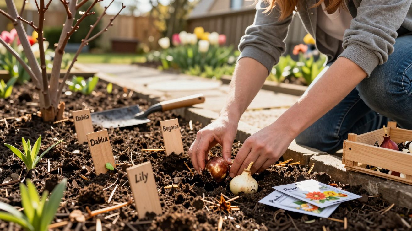 Pessoa a plantar bolbos de flores num canteiro com etiquetas de Dahlia, Begónia e Lírio.