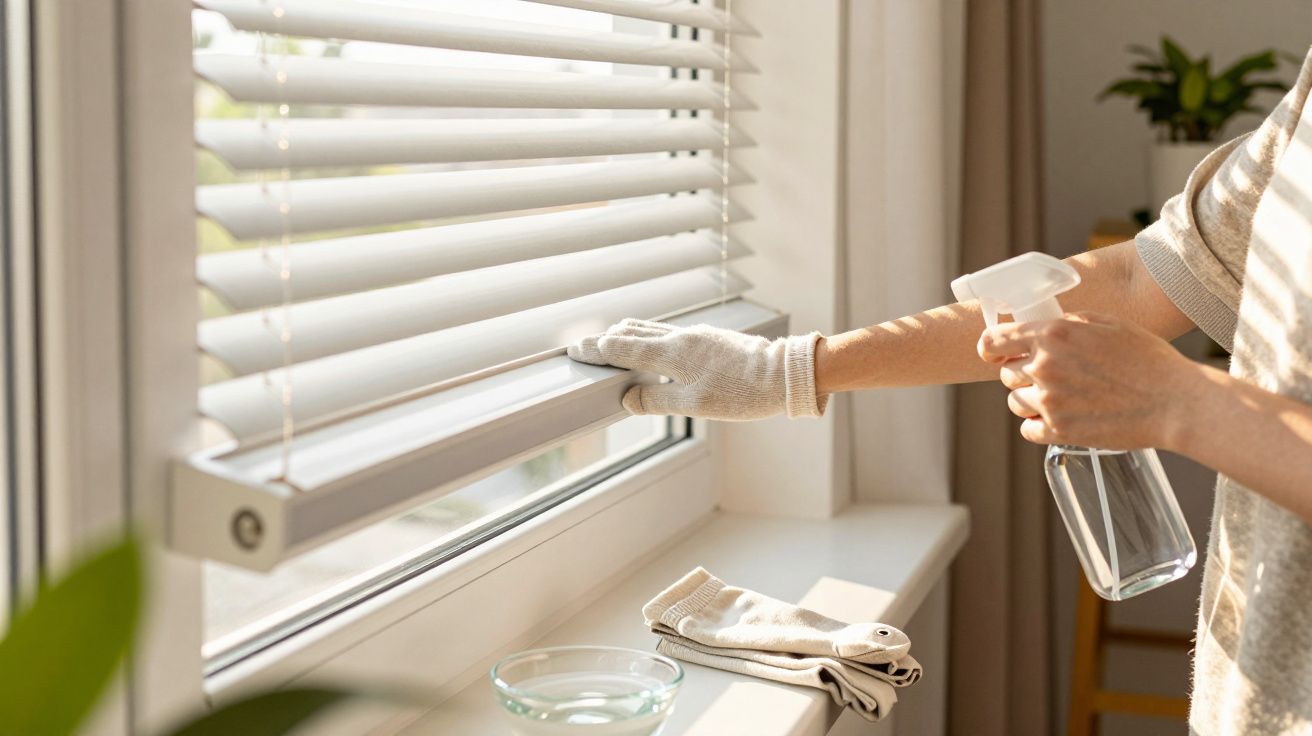 Pessoa a limpar persiana branca numa janela com spray de limpeza e luvas brancas.