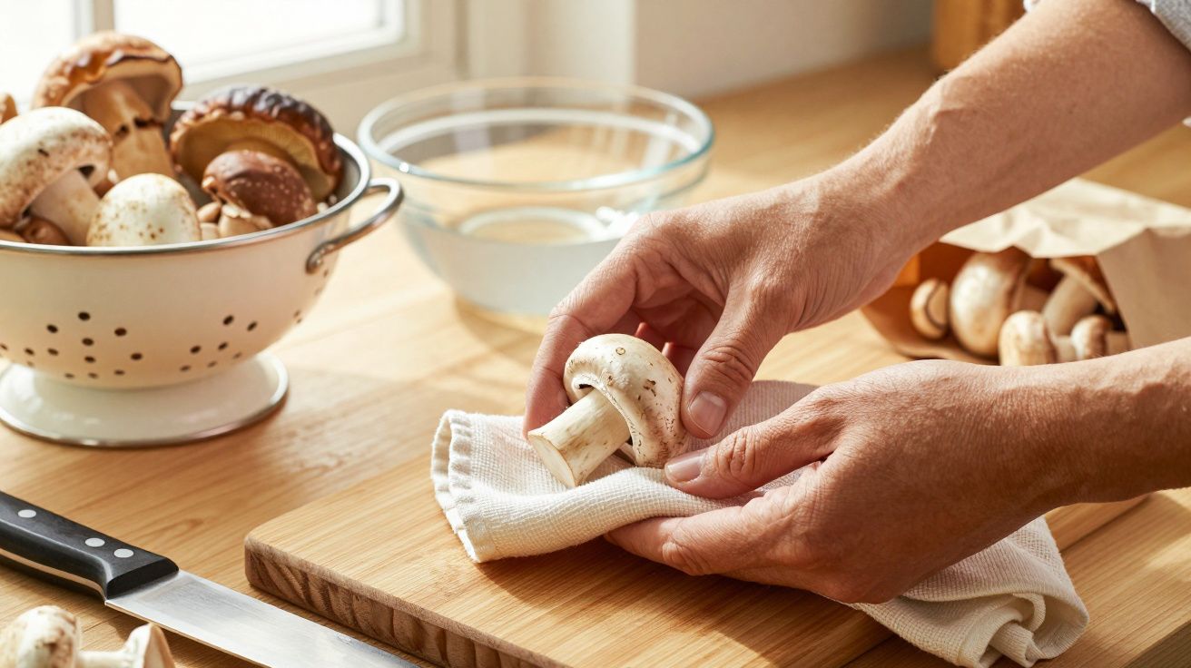 Mãos a limpar um cogumelo com um pano num balcão de cozinha, com uma faca e outros cogumelos ao lado.