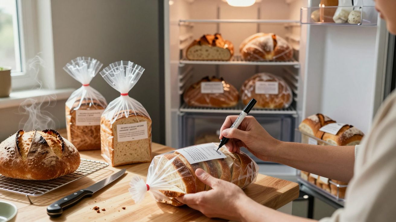 Pessoa a etiquetar pão embalado numa cozinha com vários pães frescos na mesa e frigorífico aberto.