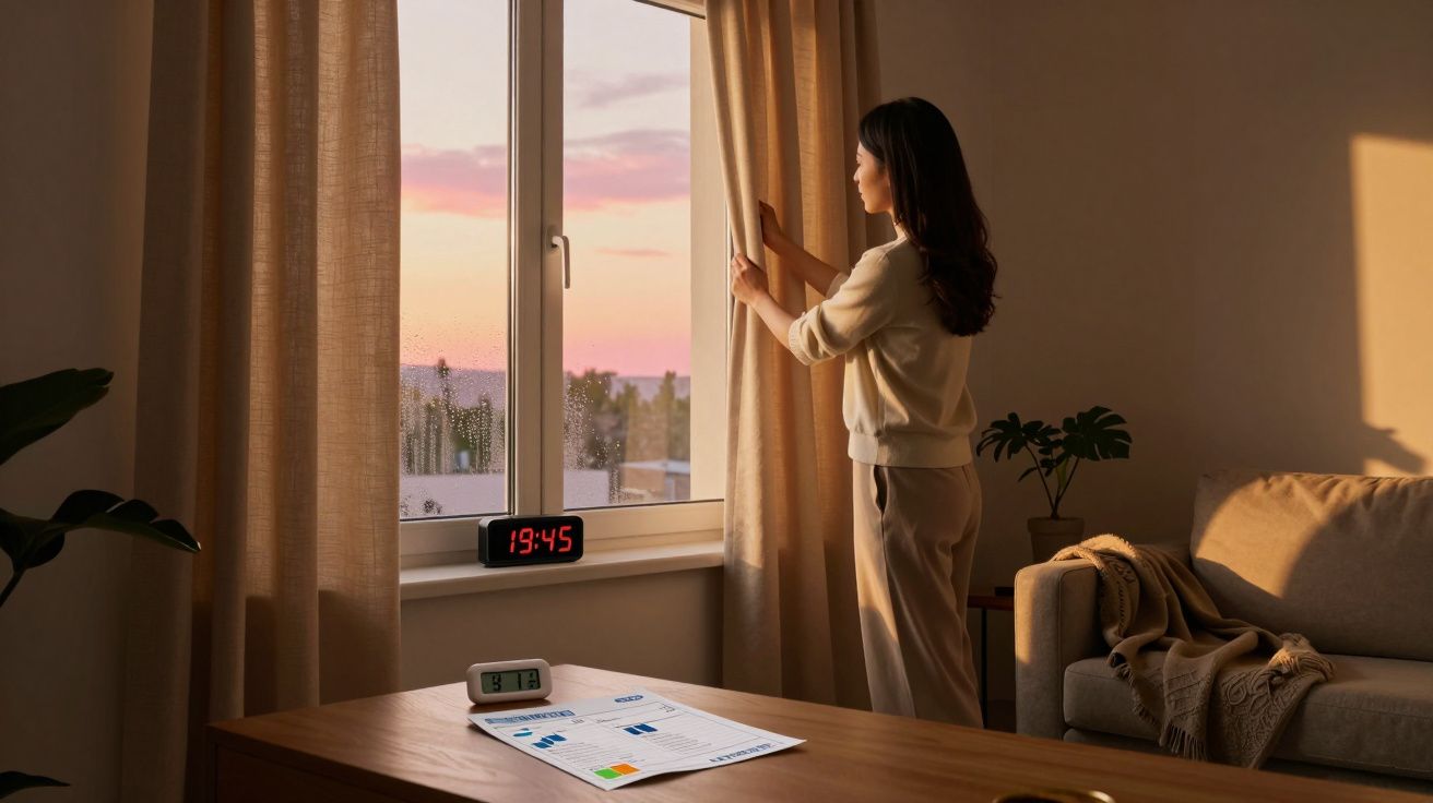 Mulher abre cortinas ao pôr do sol numa sala acolhedora com sofá, plantas e documentos na mesa.
