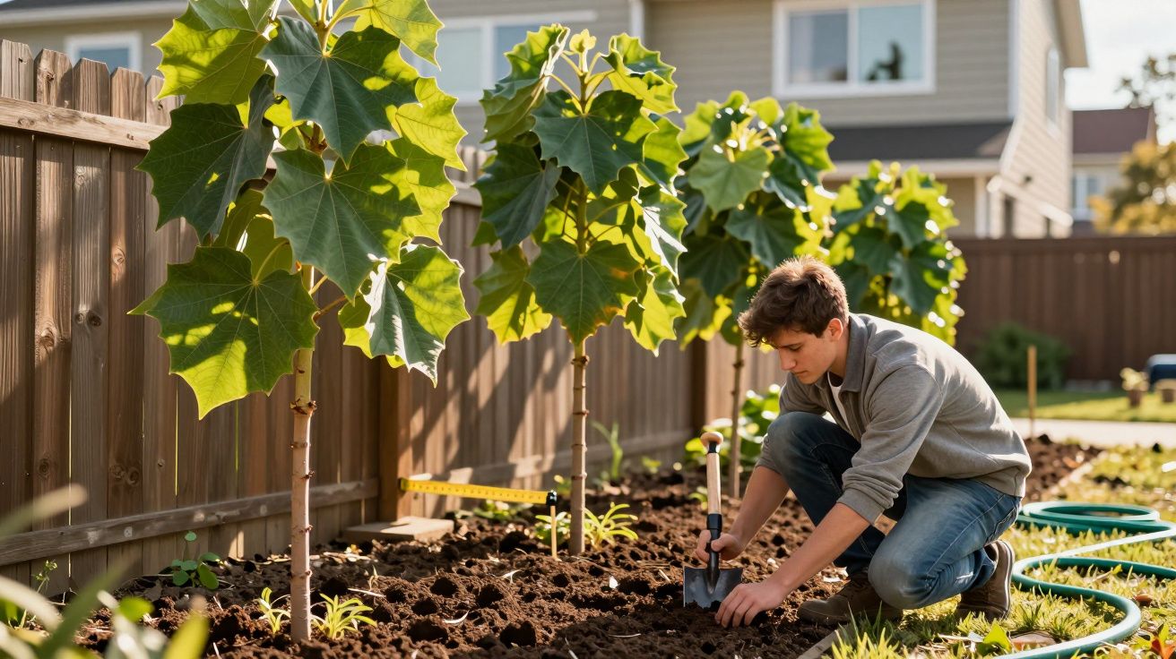 Jovem a plantar sementes num jardim com árvores e cerca de madeira ao fundo numa manhã ensolarada.
