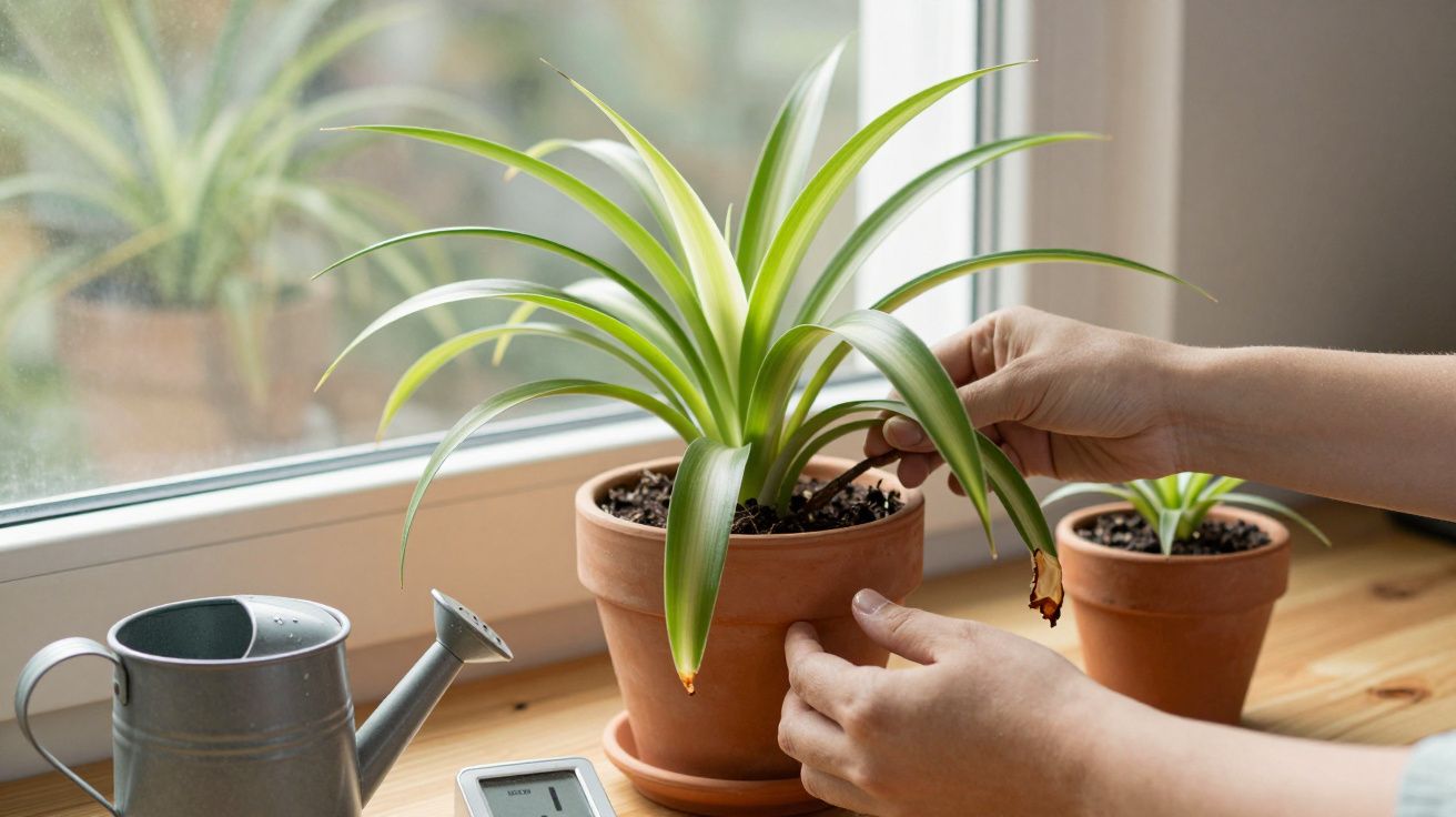 Mãos a cuidar de planta em vaso, regador metálico e termómetro digital num peitoril de janela.