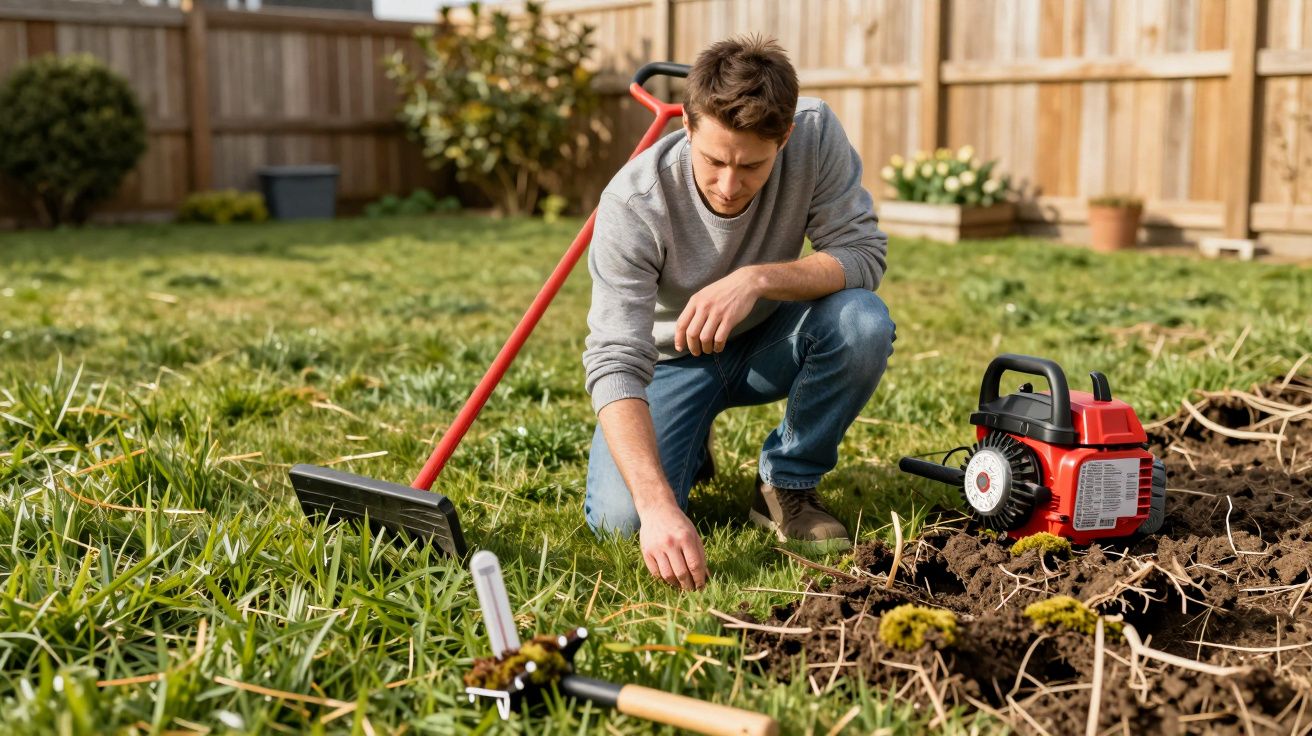 Homem ajoelhado no jardim a cuidar das plantas, com enxada e soprador de folhas ao lado.