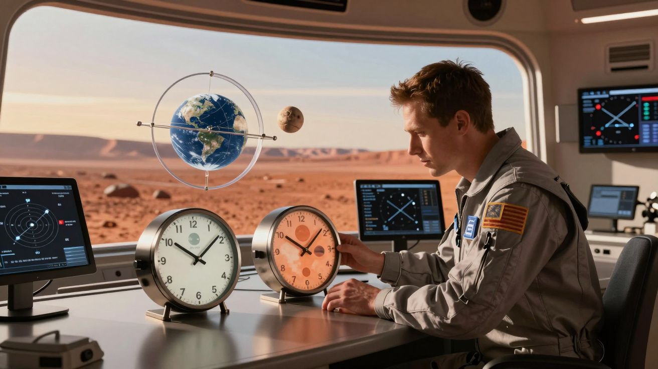 Homem em fato espacial ajusta relógio numa sala com vista para paisagem marciana e modelo do sistema Terra-Lua.